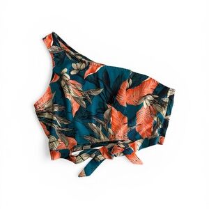 Super down Women’s One-Shoulder Tropical Print Crop Top - Teal & Coral